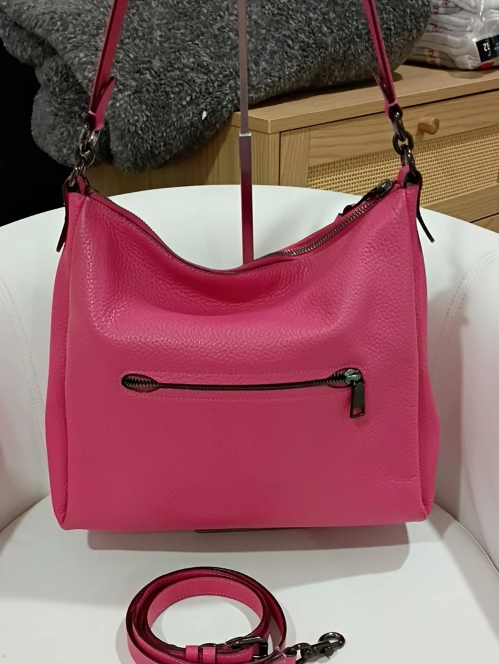 Coach Shay Hot Pink Pebbled Leather Shoulder Bag with Detachable Crossbody Strap